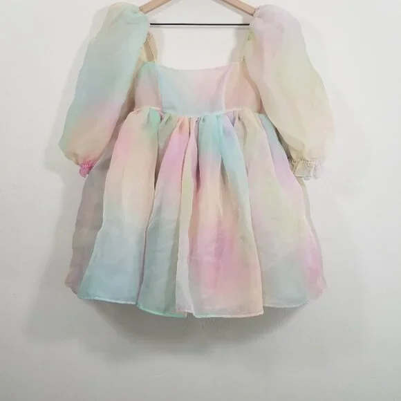 Selkie Rainbow Multicolor Puff Sleeve Mini Dress Square Neck Size S - Picture 5 of 9